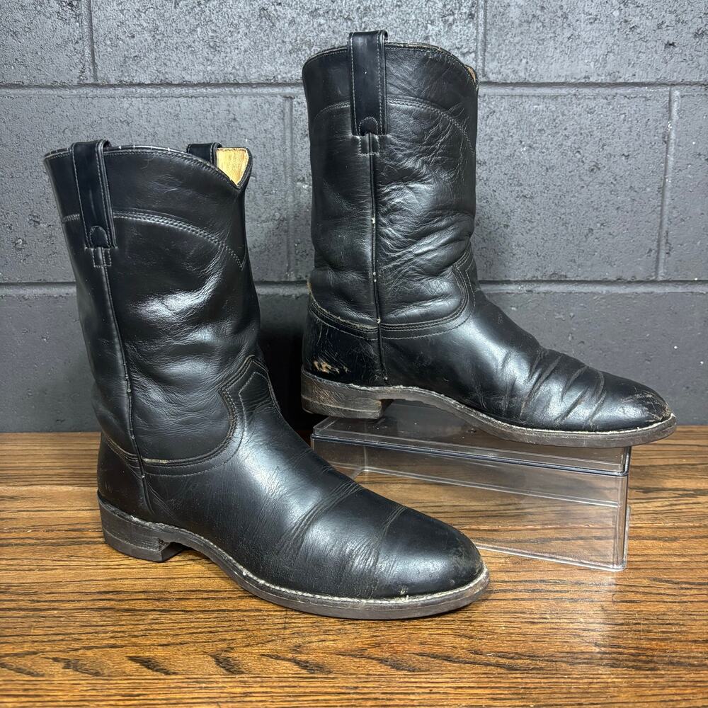 Vintage J. Chisholm Black Leather Roper Cowboy Boots Men’s 9.5 D USA Made